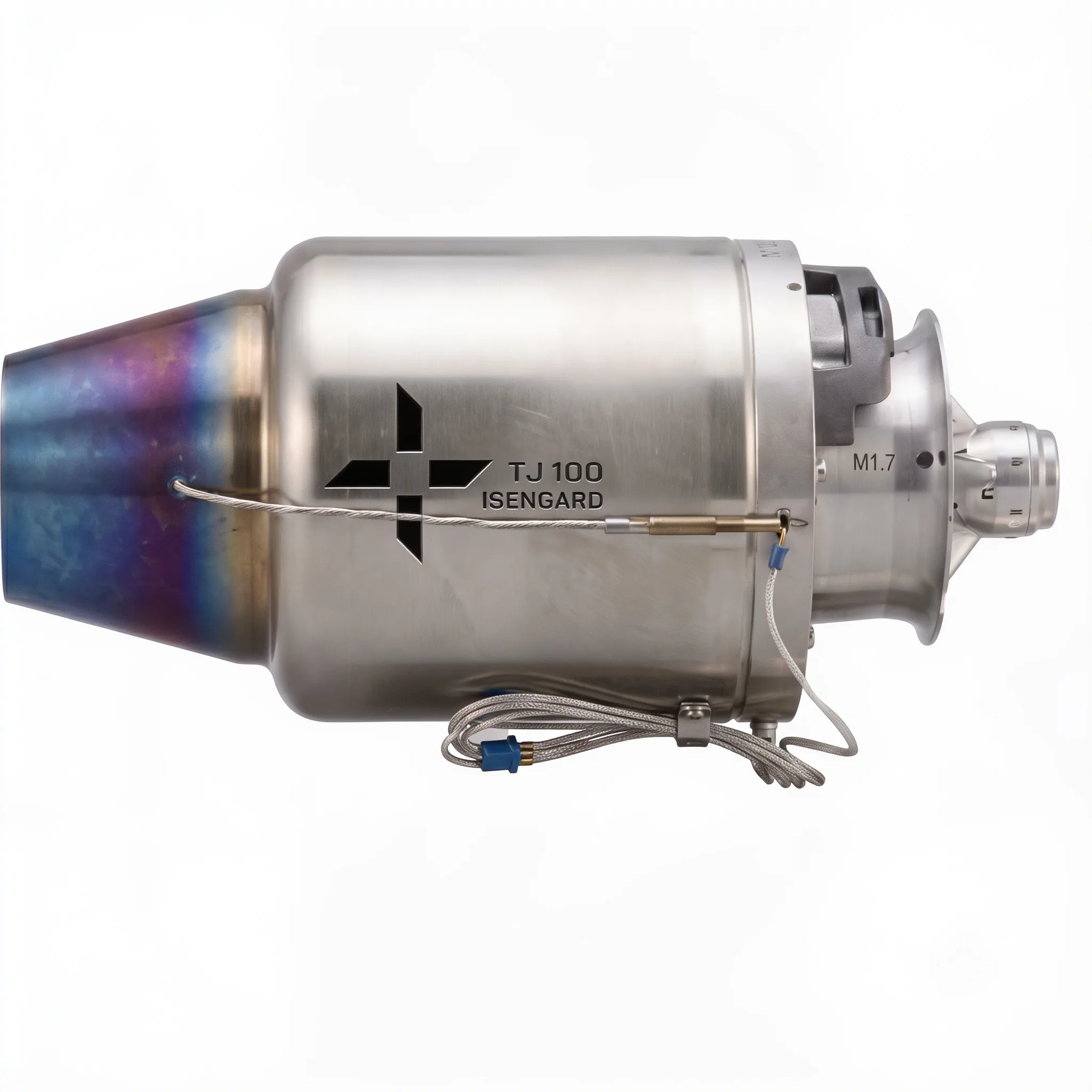 Isengard TJ-100 single-spool turbojet, side profile studio view