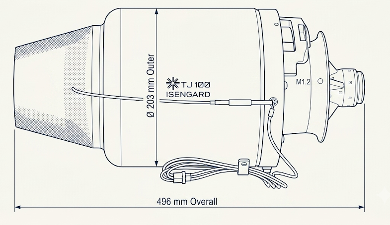 TJ-100 dimensioned drawing, 496 mm overall length